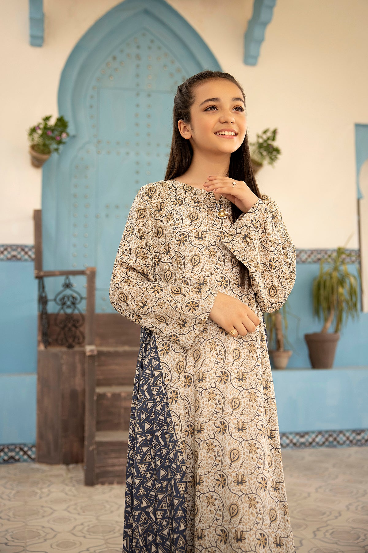 DSW21-50-Pocket Detailing Printed Fustaan 1PC