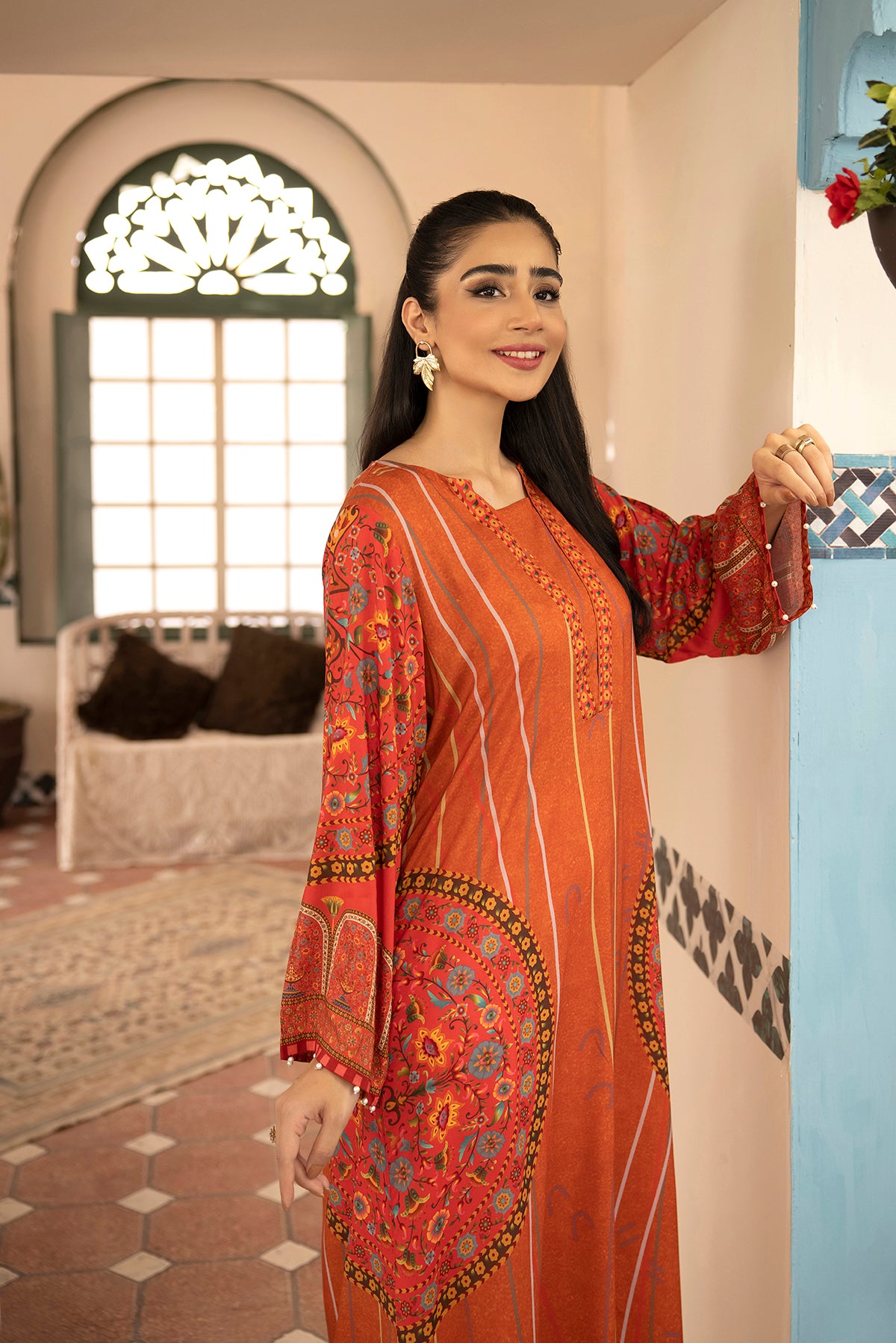 DSW21-57-Pearl Detailing Printed Embroidered Fustaan 1PC