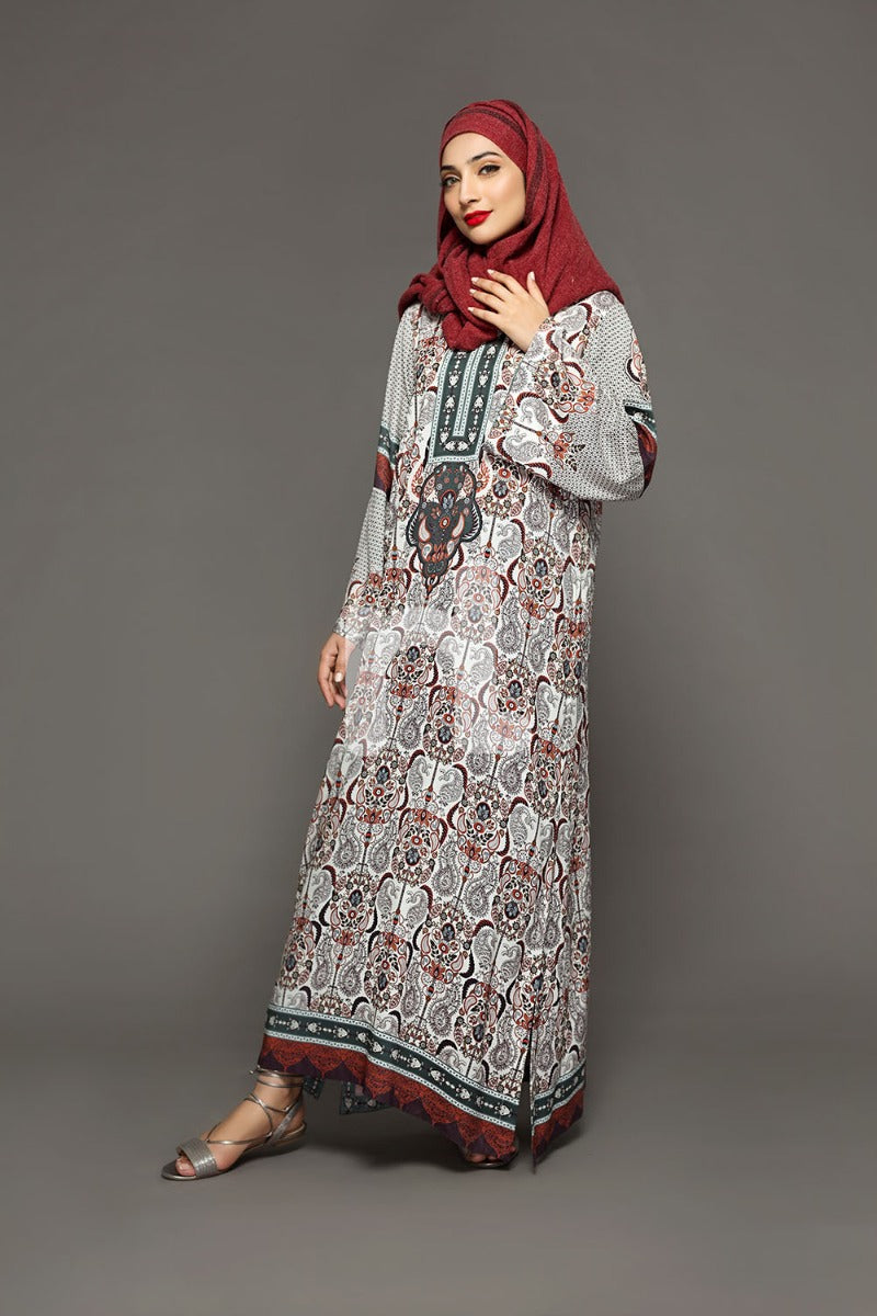 DW18-04 Beige Printed Stitched Cotton Modal Jalabiya - 1PC - Nishat Linen UAE