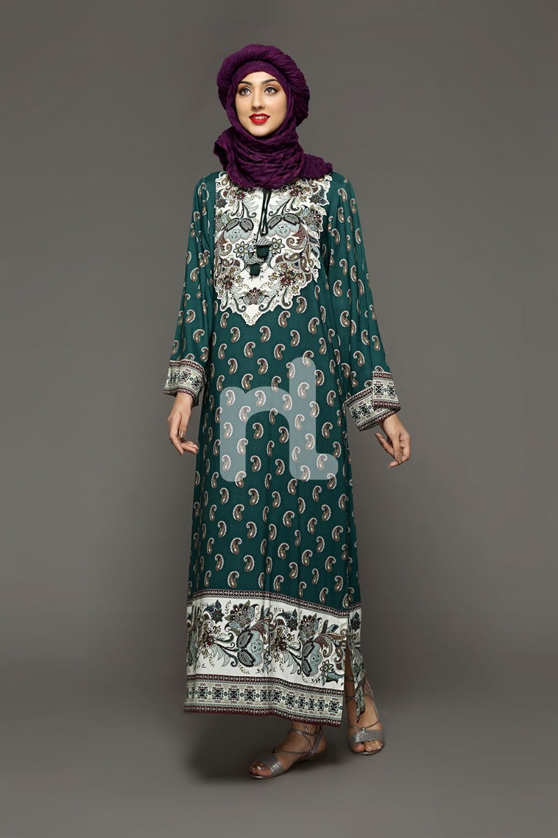 DW18-05 Green Printed Stitched Cotton Modal Jalabiya - 1PC - Nishat Linen UAE