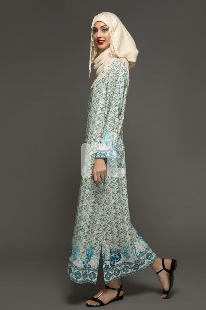 DW18-15 Blue Printed Stitched Cotton Modal Jalabiya - 1PC - Nishat Linen UAE