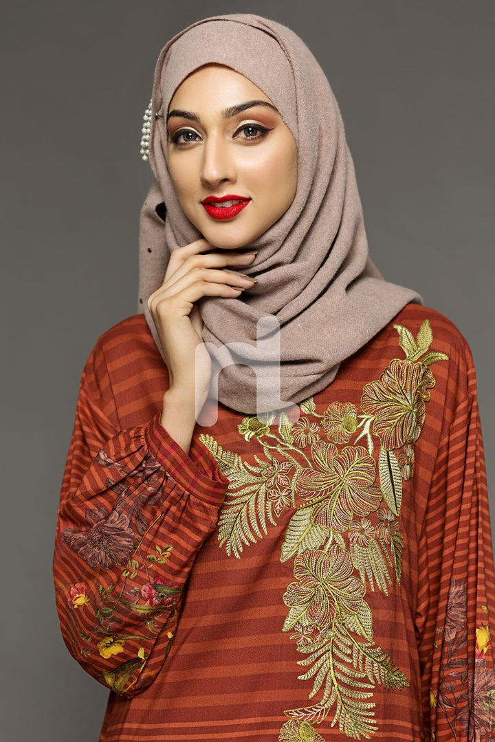 DW18-27 Orange Printed Stitched Cotton Modal Jalabiya - 1PC - Nishat Linen UAE