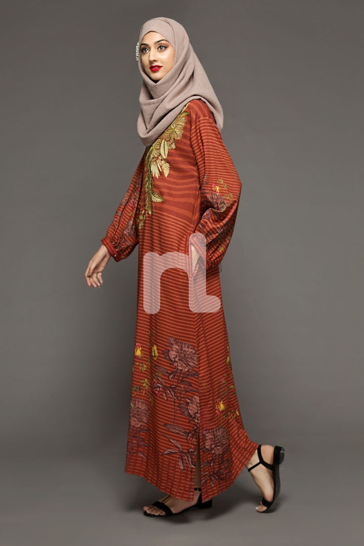 DW18-27 Orange Printed Stitched Cotton Modal Jalabiya - 1PC - Nishat Linen UAE