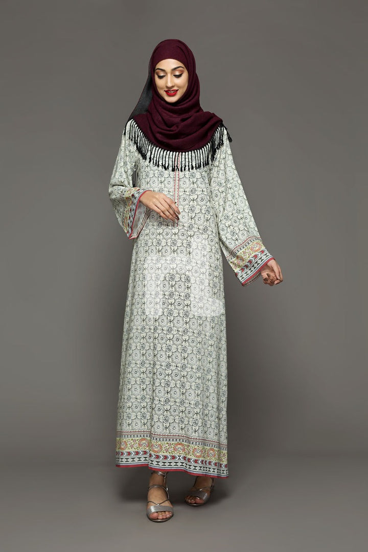 DW18-29 Off White Printed Stitched Cotton Modal Jalabiya - 1PC - Nishat Linen UAE