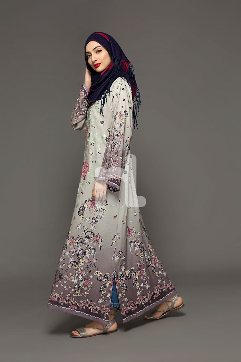 DW18-31 Grey Printed Stitched Cotton Modal Jalabiya - 1PC - Nishat Linen UAE