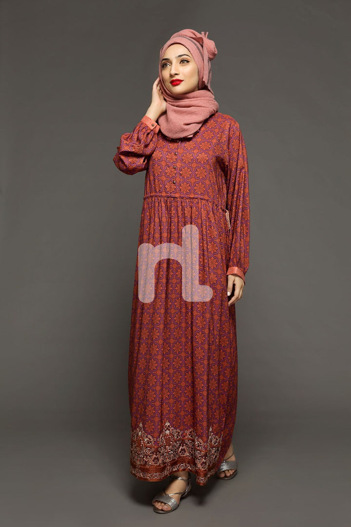 DW18-33 Orange Digital Printed Stitched Cotton Modal Jalabiya - 1PC - Nishat Linen UAE