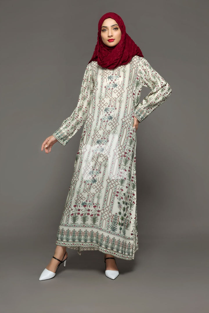 DW18-34 Off White Printed Stitched Cotton Modal Jalabiya - 1PC - Nishat Linen UAE