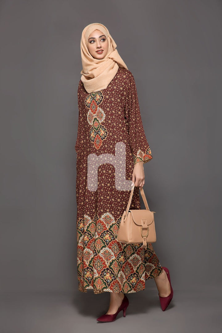 DW18-36 Brown Printed Stitched Cotton Modal Jalabiya - 1PC - Nishat Linen UAE