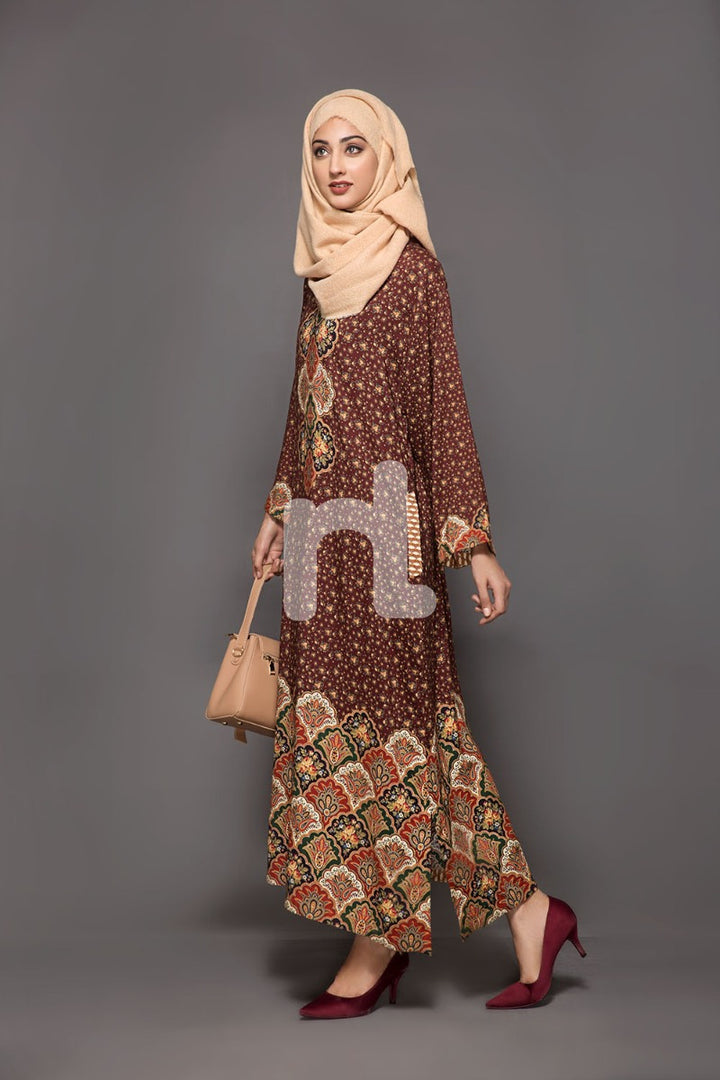 DW18-36 Brown Printed Stitched Cotton Modal Jalabiya - 1PC - Nishat Linen UAE