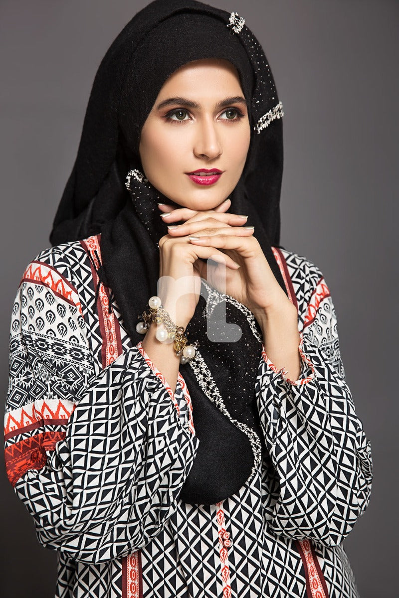 DW18-37 Black Blue Digital Printed Stitched Cotton Modal Jalabiya - 1PC - Nishat Linen UAE