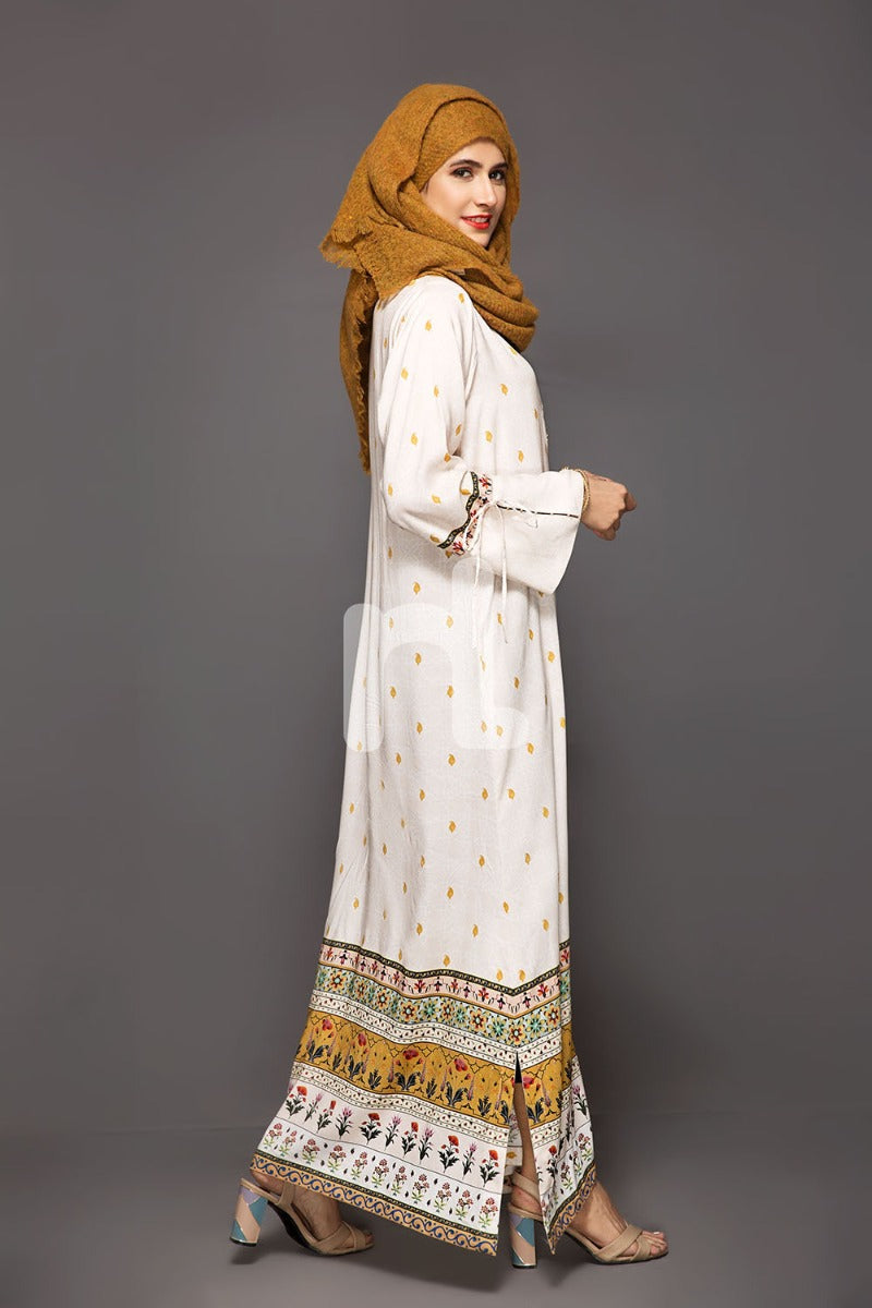 DW18-53 Beige Printed Stitched Cotton Modal Jalabiya - 1PC - Nishat Linen UAE
