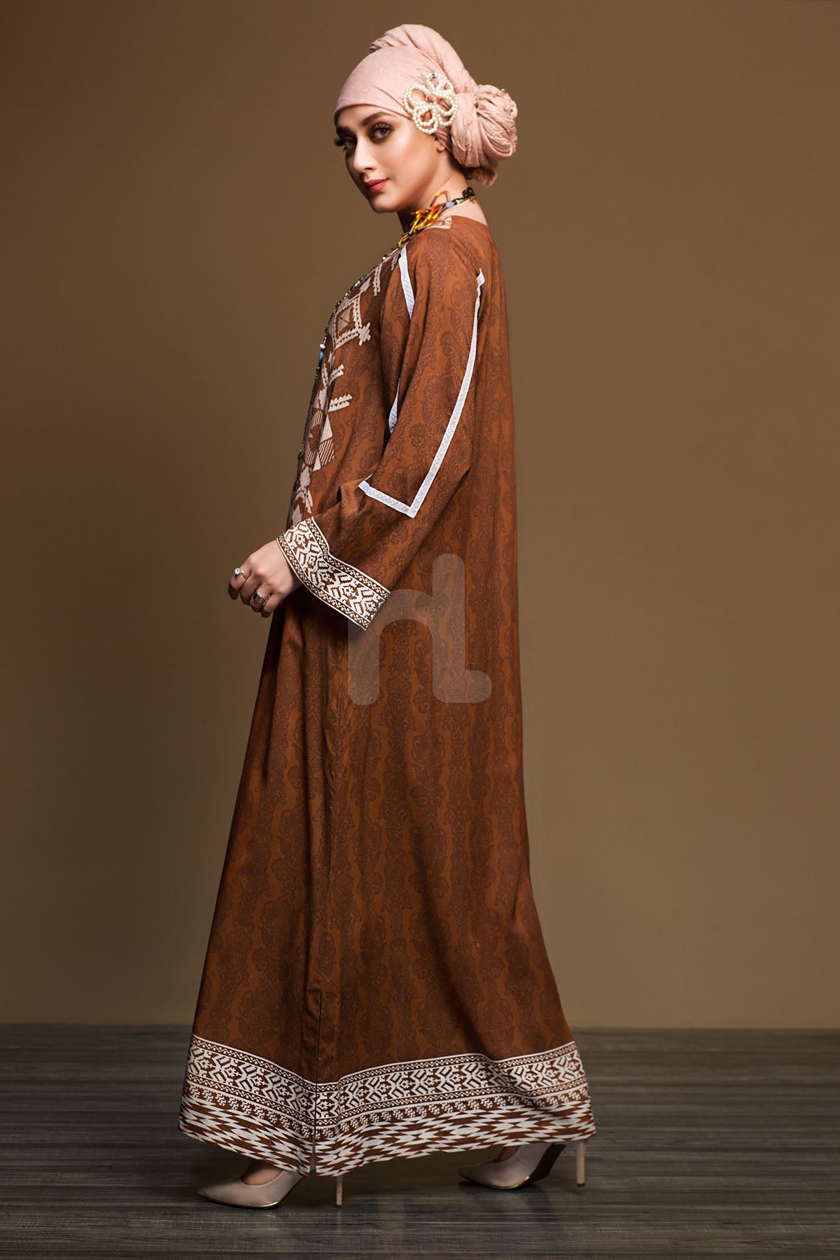 DW19-06 Brown Printed Stitched Jalabiya - 1PC - Nishat Linen UAE
