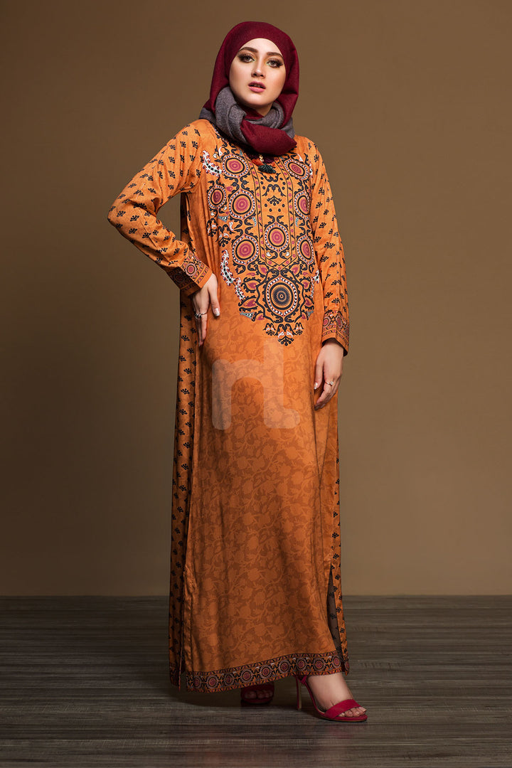 DW19-10 Orange Printed Stitched Jalabiya - 1PC - Nishat Linen UAE