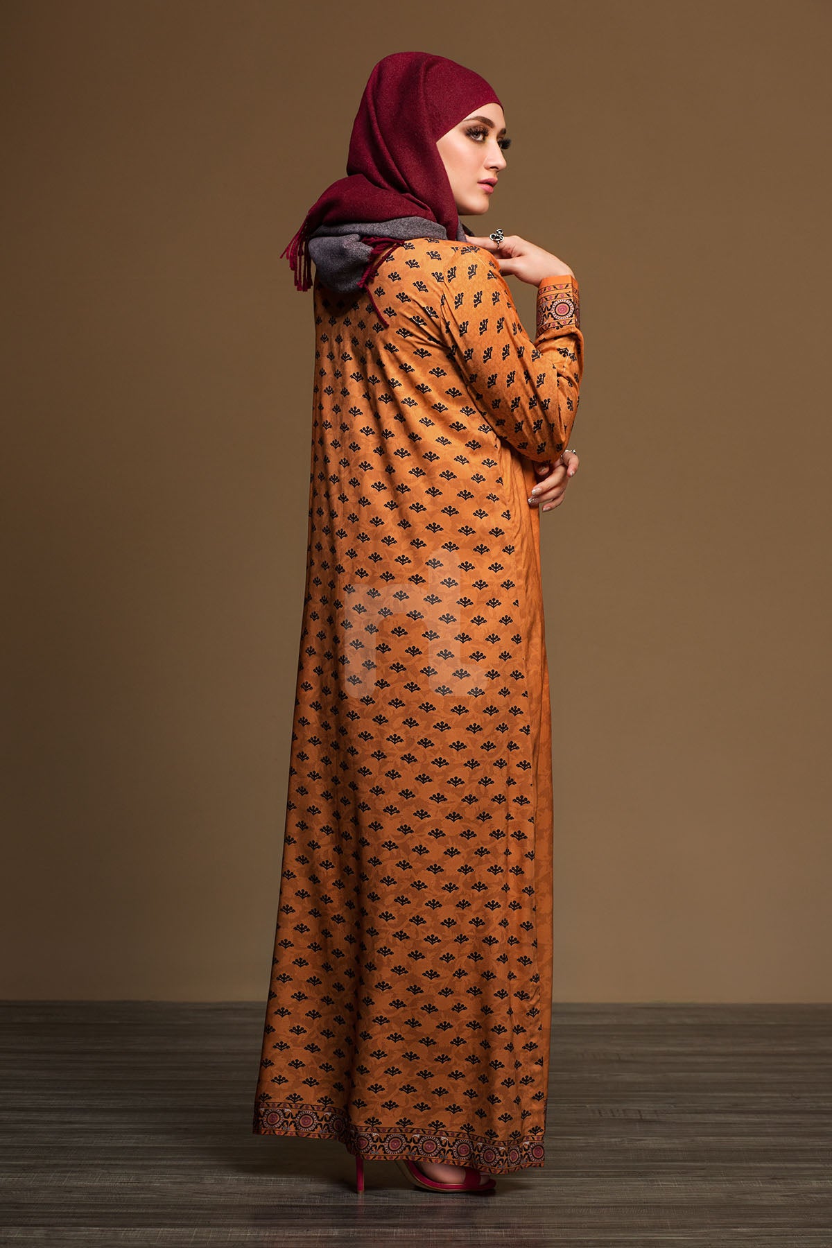 DW19-10 Orange Printed Stitched Jalabiya - 1PC - Nishat Linen UAE