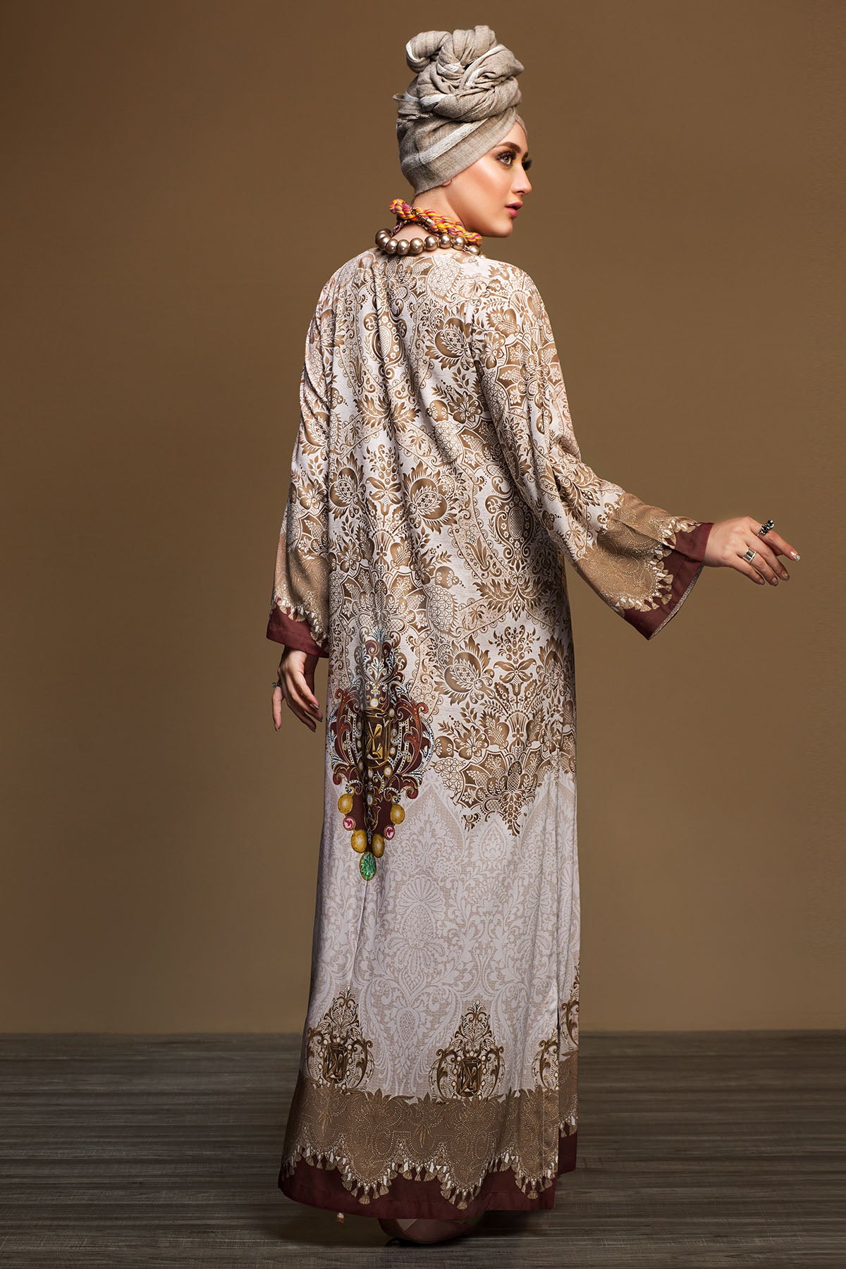 DW19-25 Beige Printed Stitched Jalabiya - 1PC - Nishat Linen UAE