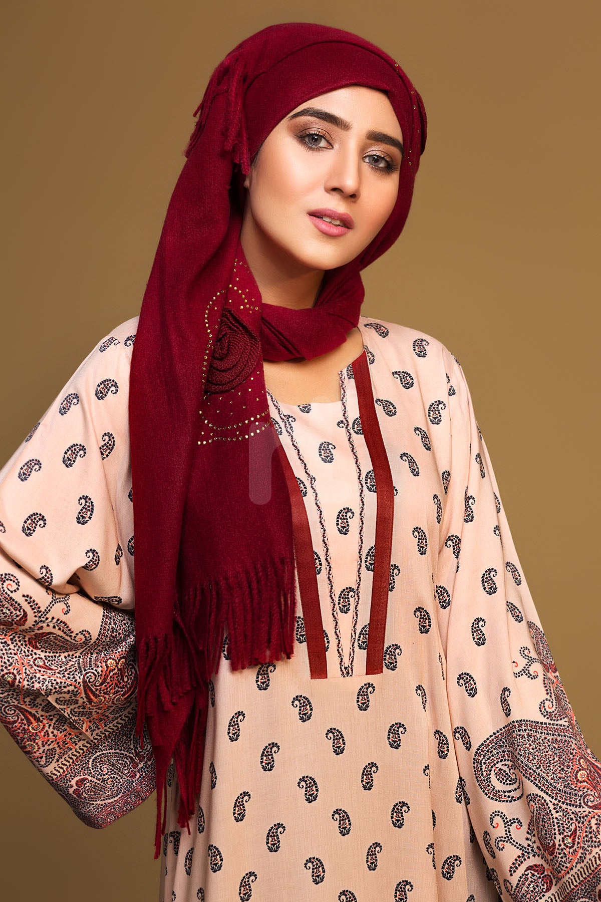 DW19-48 Peach Printed Stitched Jalabiya - 1PC - Nishat Linen UAE