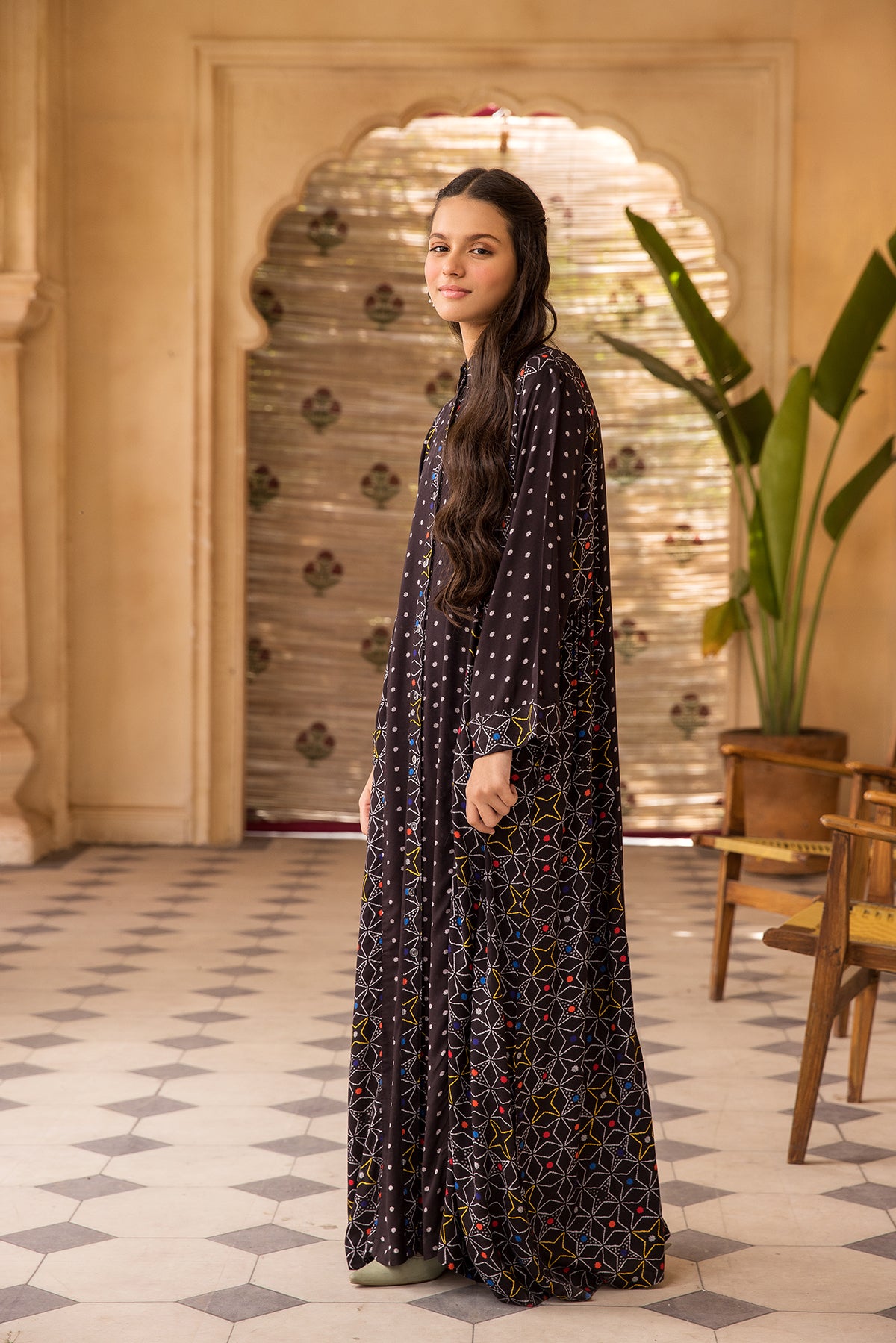 DW22-14-Button Down Printed Fustaan 1PC