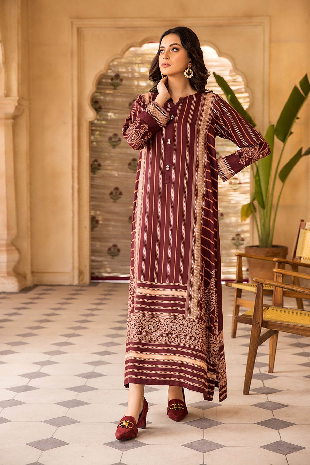 DW22-25-Placket Detailing Printed Fustaan 1PC