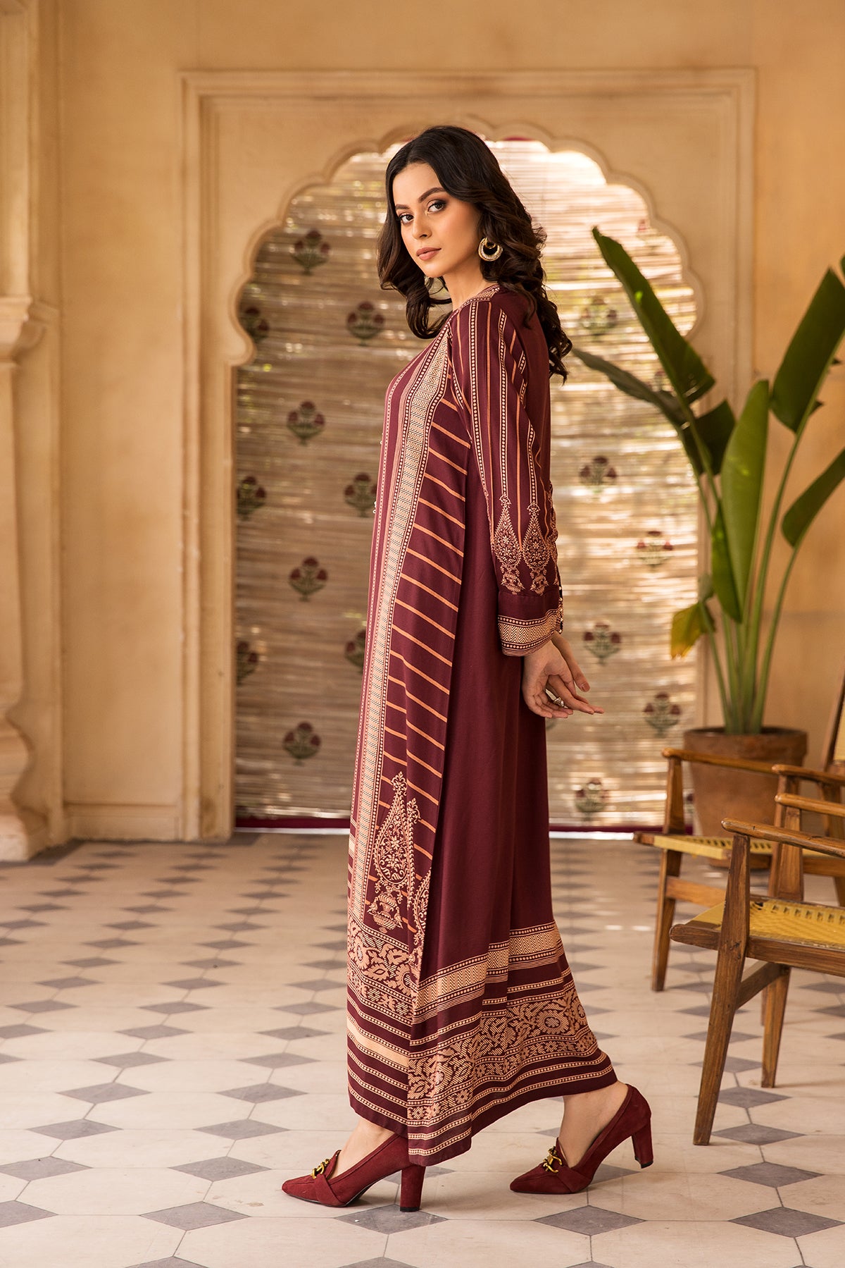 DW22-25-Placket Detailing Printed Fustaan 1PC