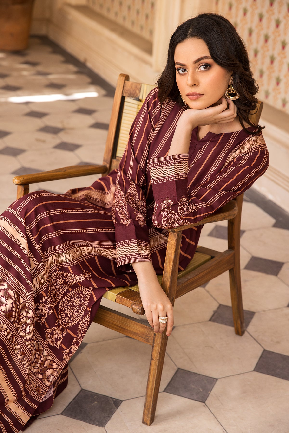 DW22-25-Placket Detailing Printed Fustaan 1PC