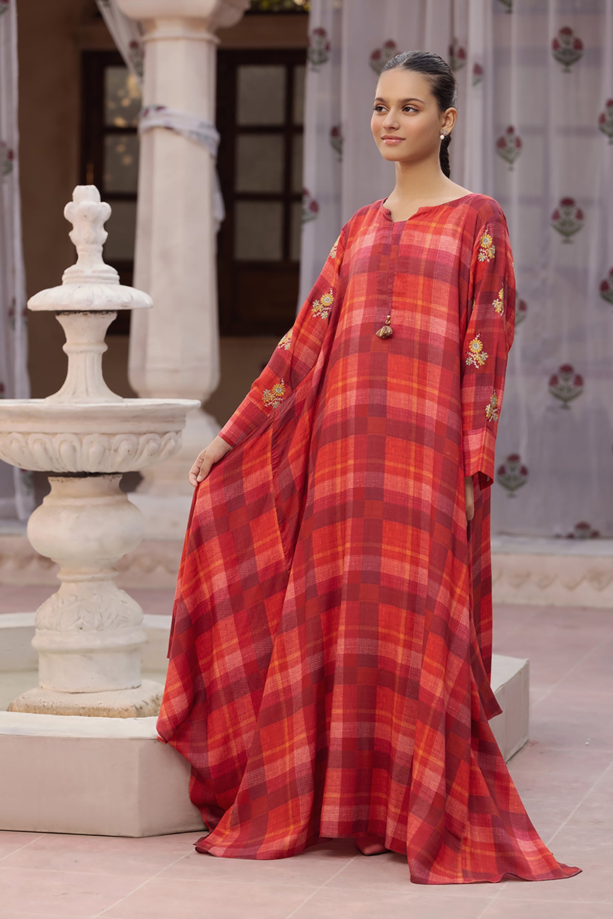 DW22-35-Tassel Detailing Printed Embroidered Fustaan 1PC