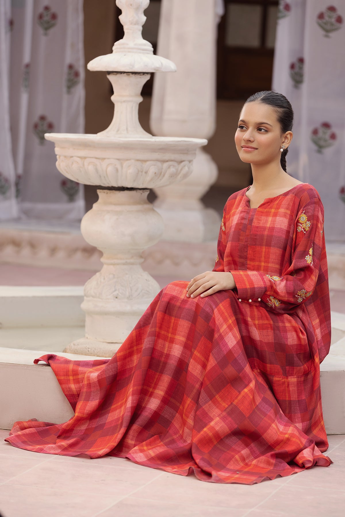 DW22-35-Tassel Detailing Printed Embroidered Fustaan 1PC