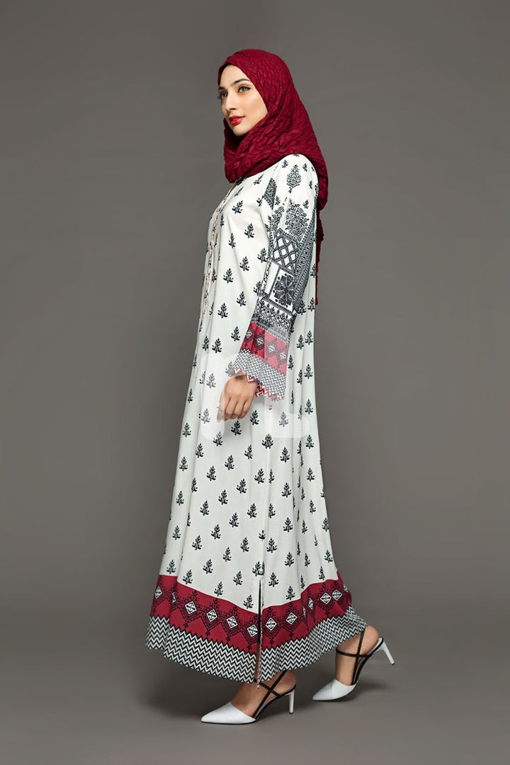 DW18-14 White Digital Printed Stitched Cotton Modal Jalabiya - 1PC - Nishat Linen UAE