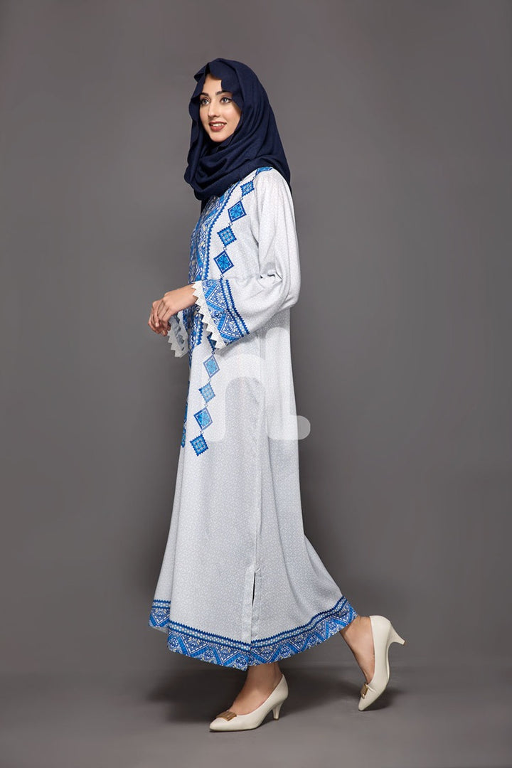 DW18-57 White Printed Stitched Cotton Modal Jalabiya - 1PC - Nishat Linen UAE
