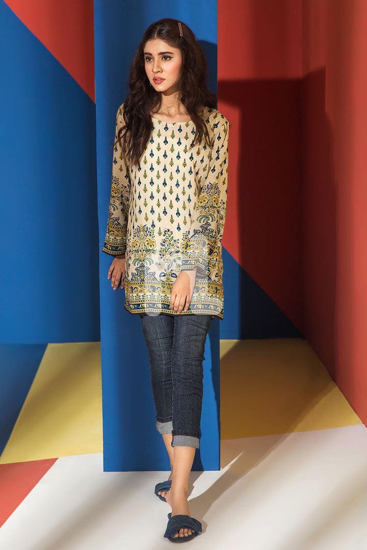 FS19-40 Yellow Printed Stitched Micro Modal Fusion Top - 1PC - Nishat Linen UAE