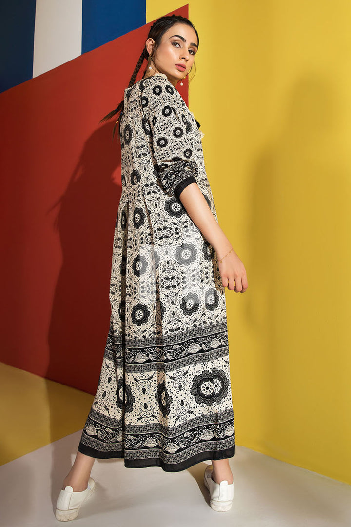 FS19-45 Off White Printed Stitched Micro Modal Long Fusion Dress - 1PC - Nishat Linen UAE