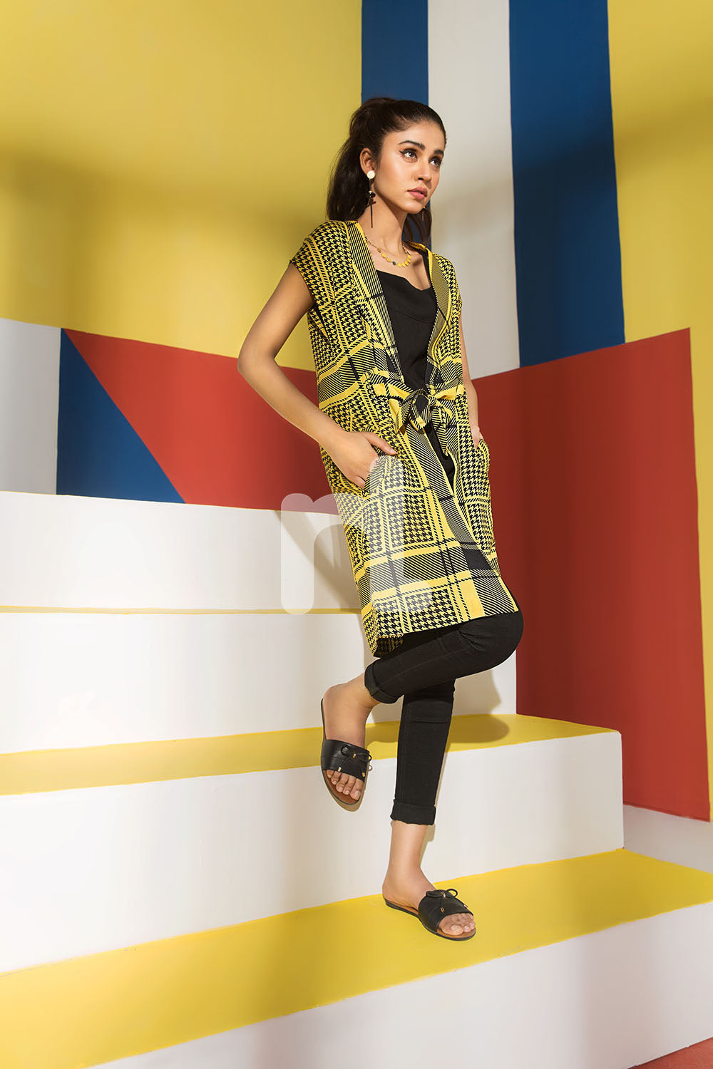 FS19-60 Yellow Printed Stitched Micro Modal Fusion Jacket - 1PC - Nishat Linen UAE