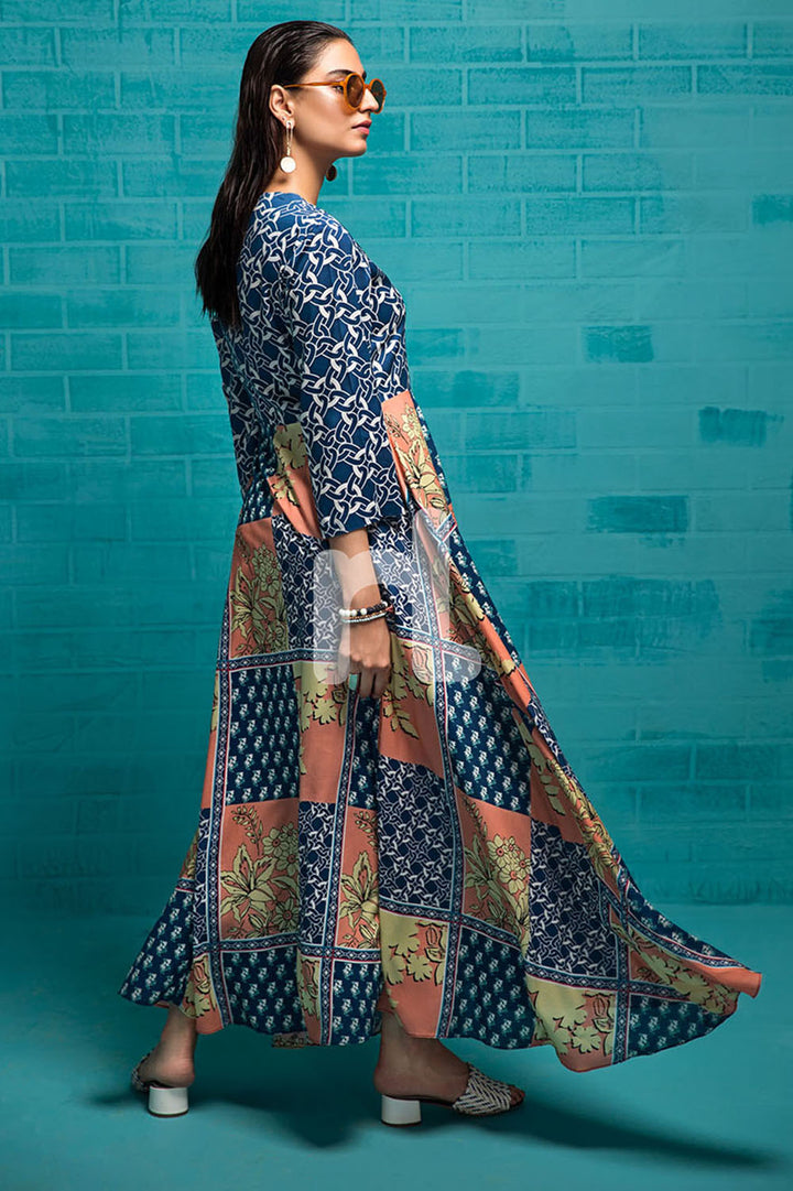 FS19-79 Blue Printed Stitched Long Fusion Dress - 1PC - Nishat Linen UAE