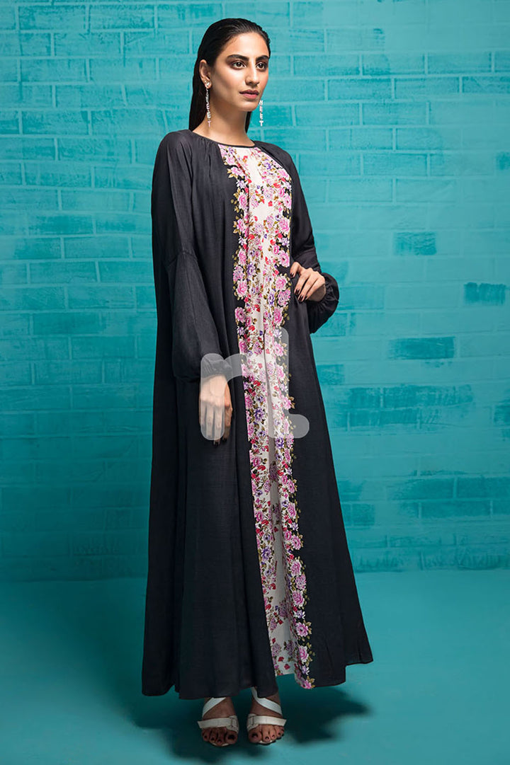 FS19-83 Black Printed Stitched Long Fusion Dress - 1PC - Nishat Linen UAE