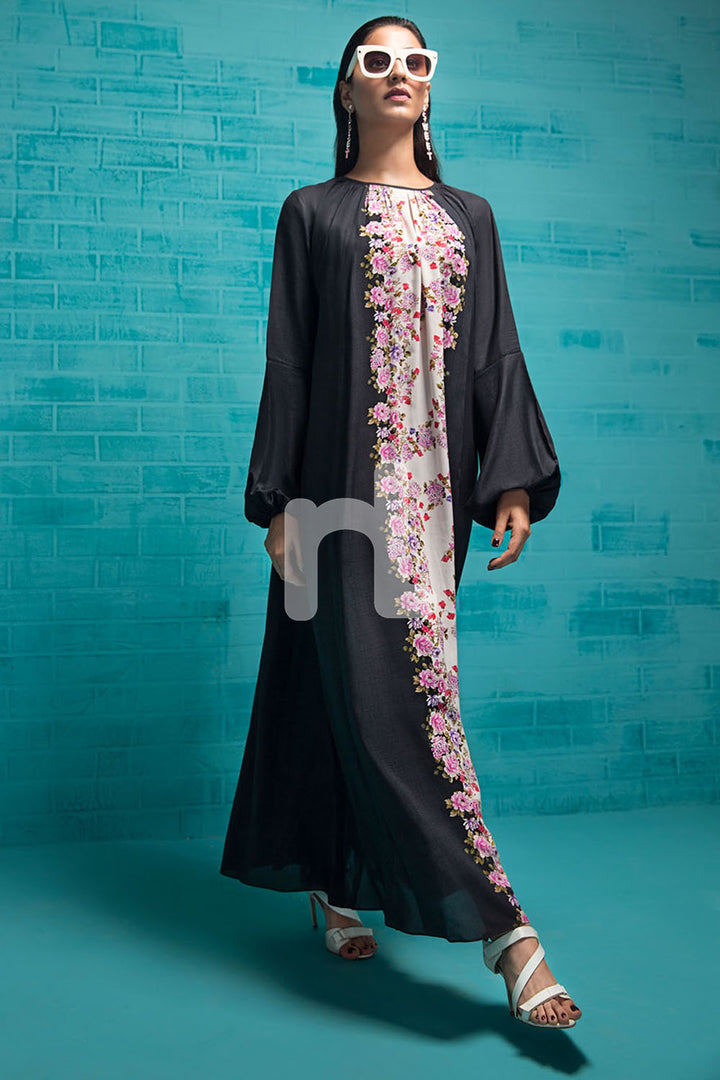 FS19-83 Black Printed Stitched Long Fusion Dress - 1PC - Nishat Linen UAE