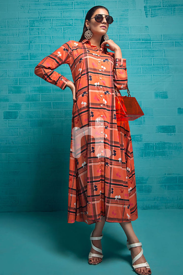FS19-86 Orange Printed Stitched Long Fusion Dress - 1PC - Nishat Linen UAE