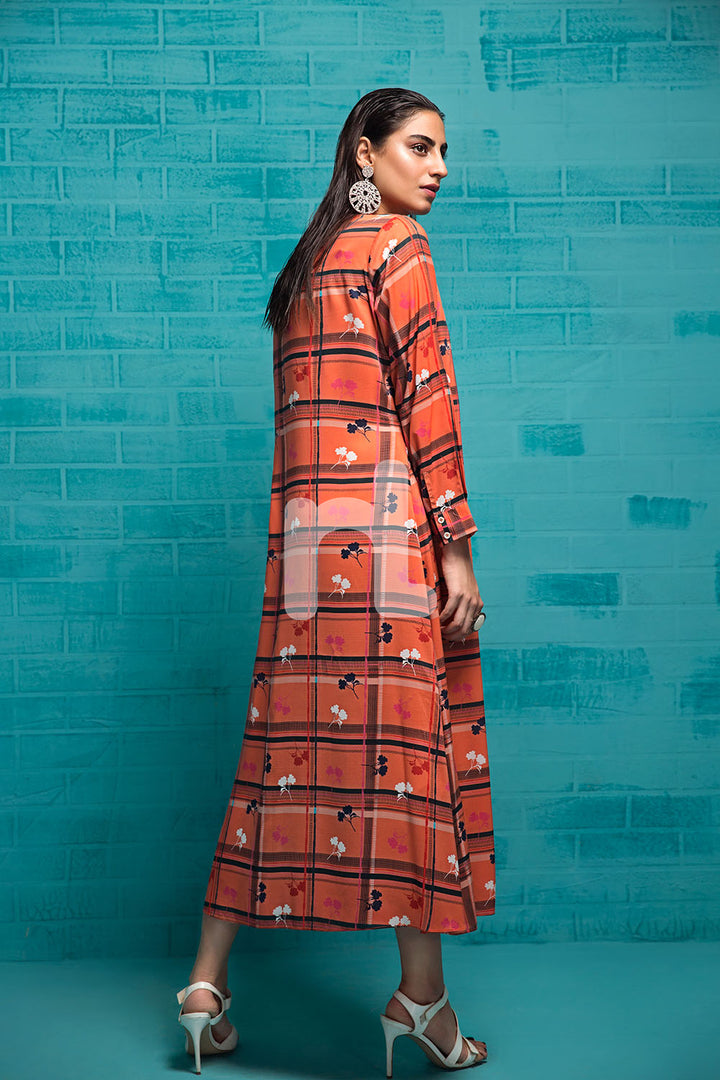 FS19-86 Orange Printed Stitched Long Fusion Dress - 1PC - Nishat Linen UAE