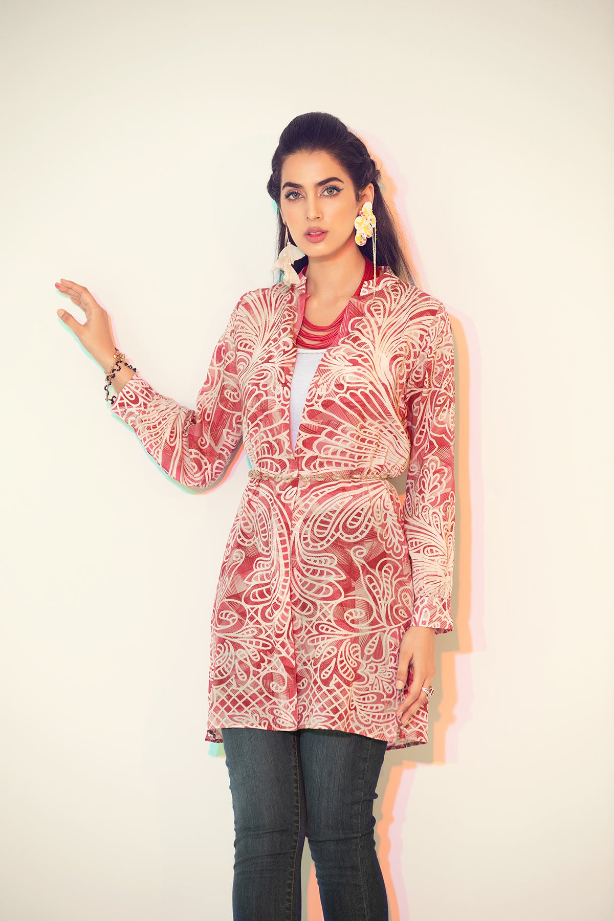 FS21-24-Abstract Printed Digital Modal Stitched Women Jacket With Mask-1PC