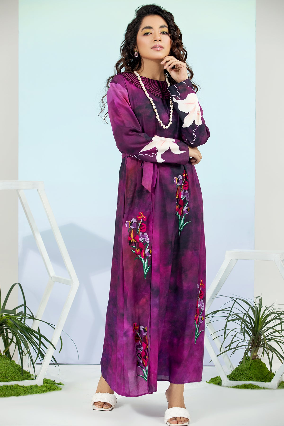 FS21-37-Micro-Modal Printed And Embroidered Long Dress