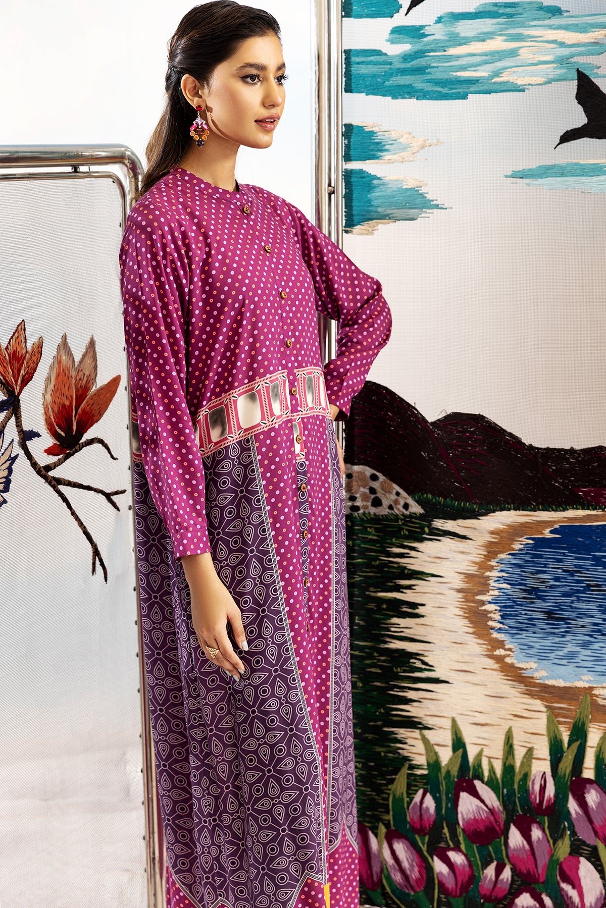 FS22-31-Printed Button Detailing Long Dress