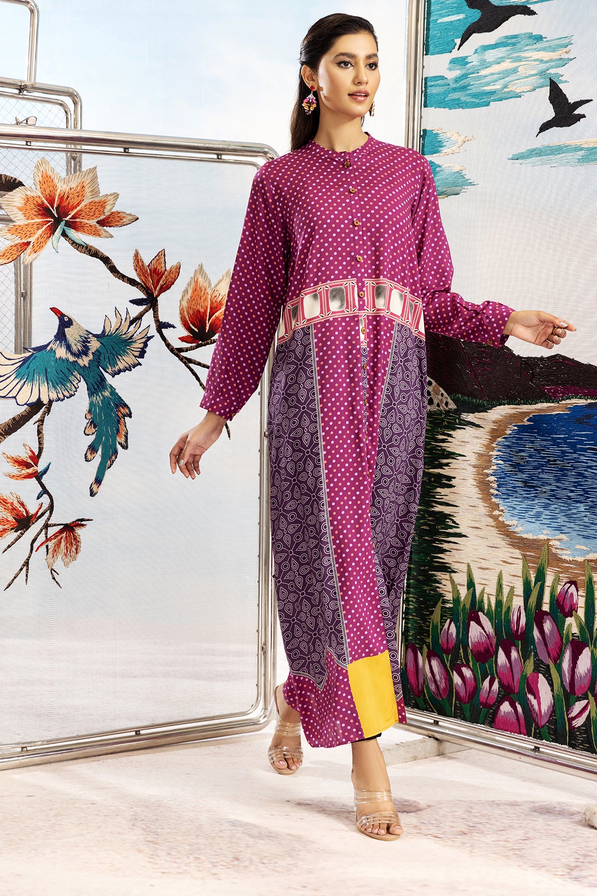 FS22-31-Printed Button Detailing Long Dress