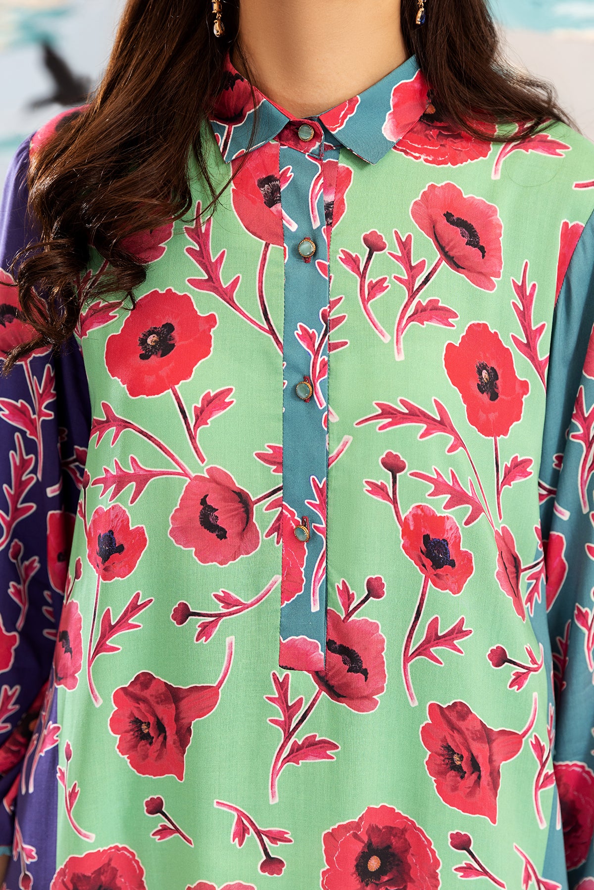 FS22-40-Coller Neck Printed Long Dress