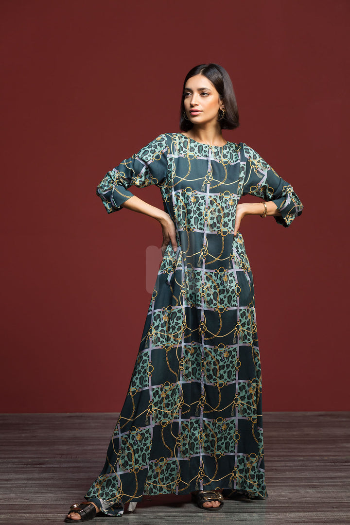 FW19-02 Green Printed Stitched Long Micro Modal Fusion Dress - 1PC - Nishat Linen UAE