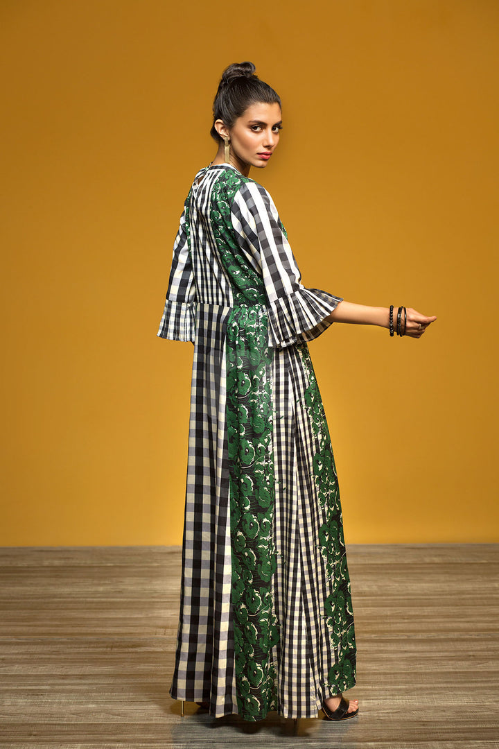 FW19-13 Green Printed Stitched Micro Modal Long Fusion Dress - 1PC - Nishat Linen UAE
