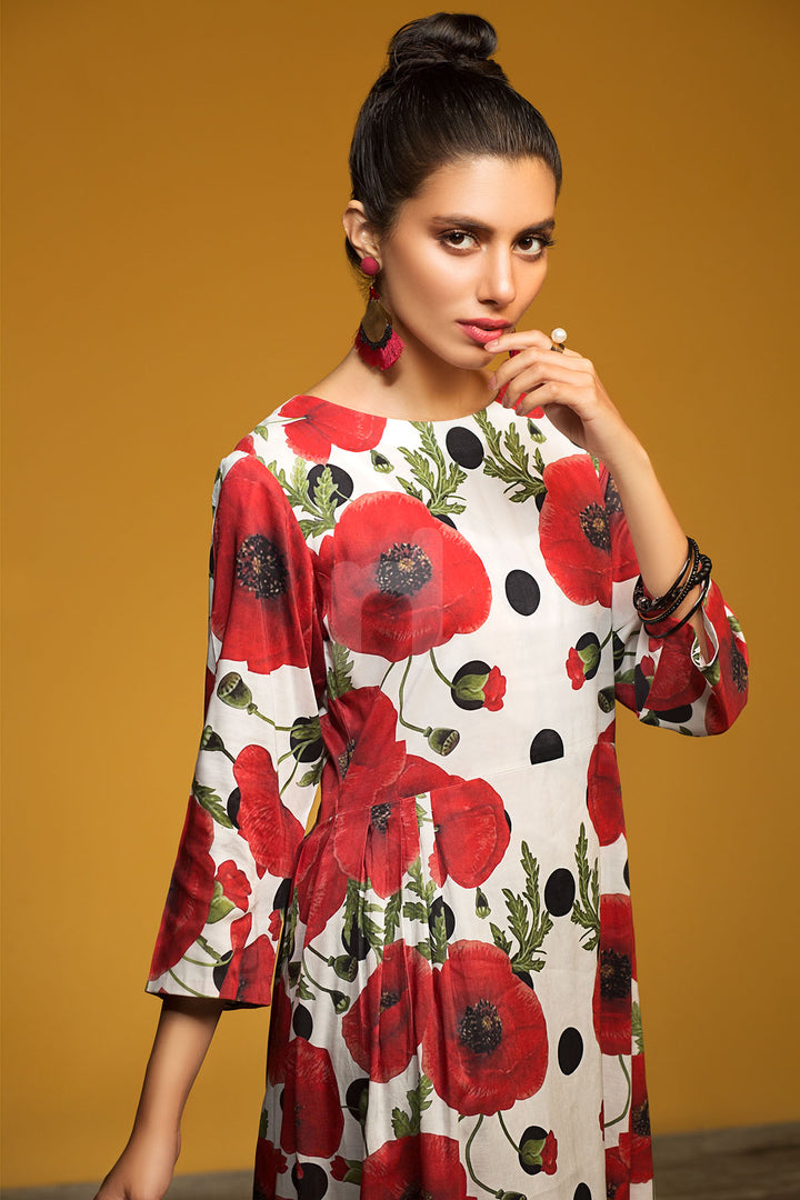FW19-16 Red Printed Stitched Micro Modal Long Fusion Dress - 1PC - Nishat Linen UAE
