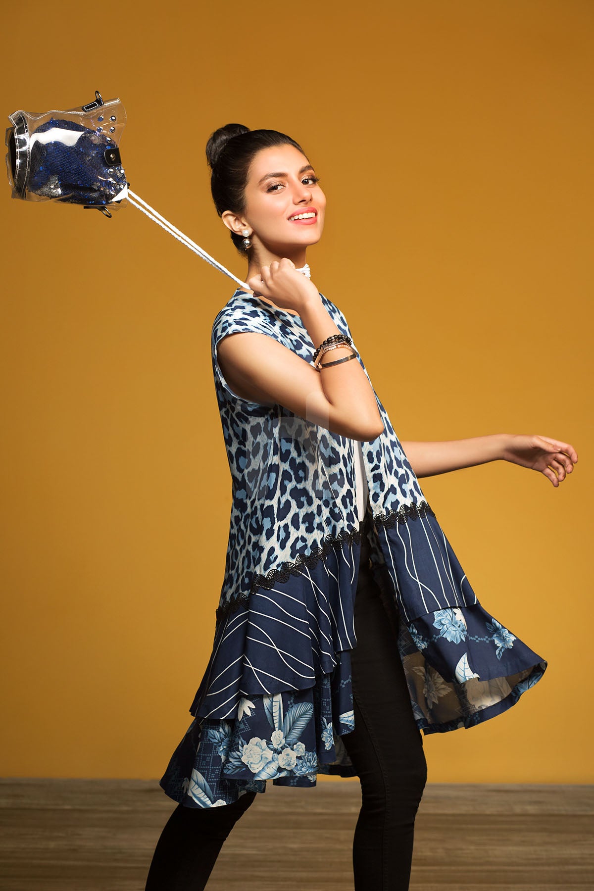 FW19-19 Blue Printed Stitched Fusion Jacket - 1PC - Nishat Linen UAE