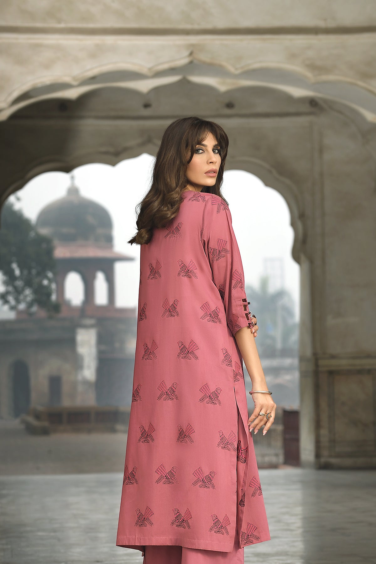 KFS22-22-Printed Embroidered Long Shirt 1PC