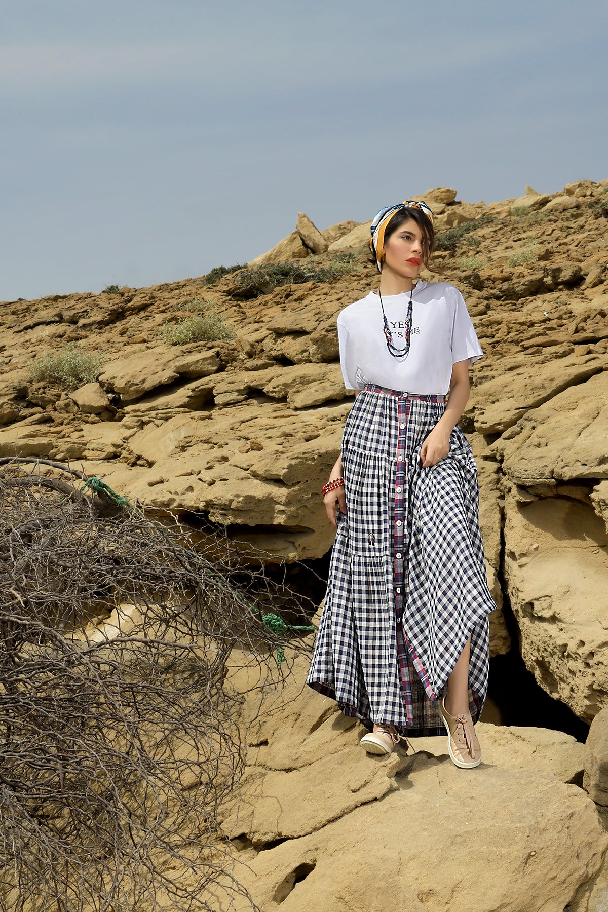 KFS22-26-Printed Embroidered Tiered Skirt