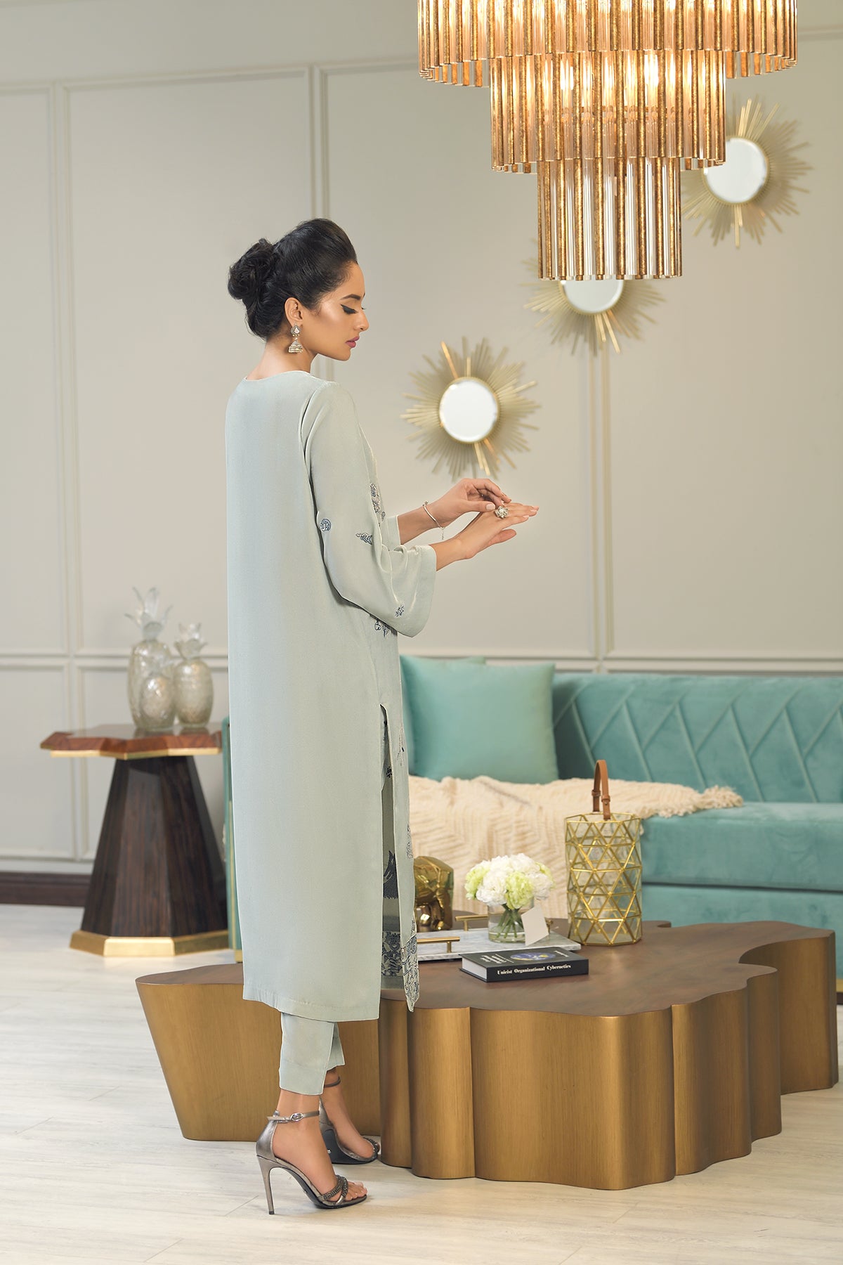 KFW21-11-Embroidered Long Shirt with Trousers 2PC