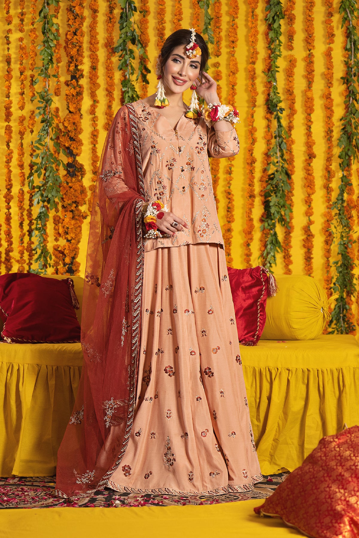 KFW22-93-Embroidered Shirt with Dupatta & Sharara 3PC