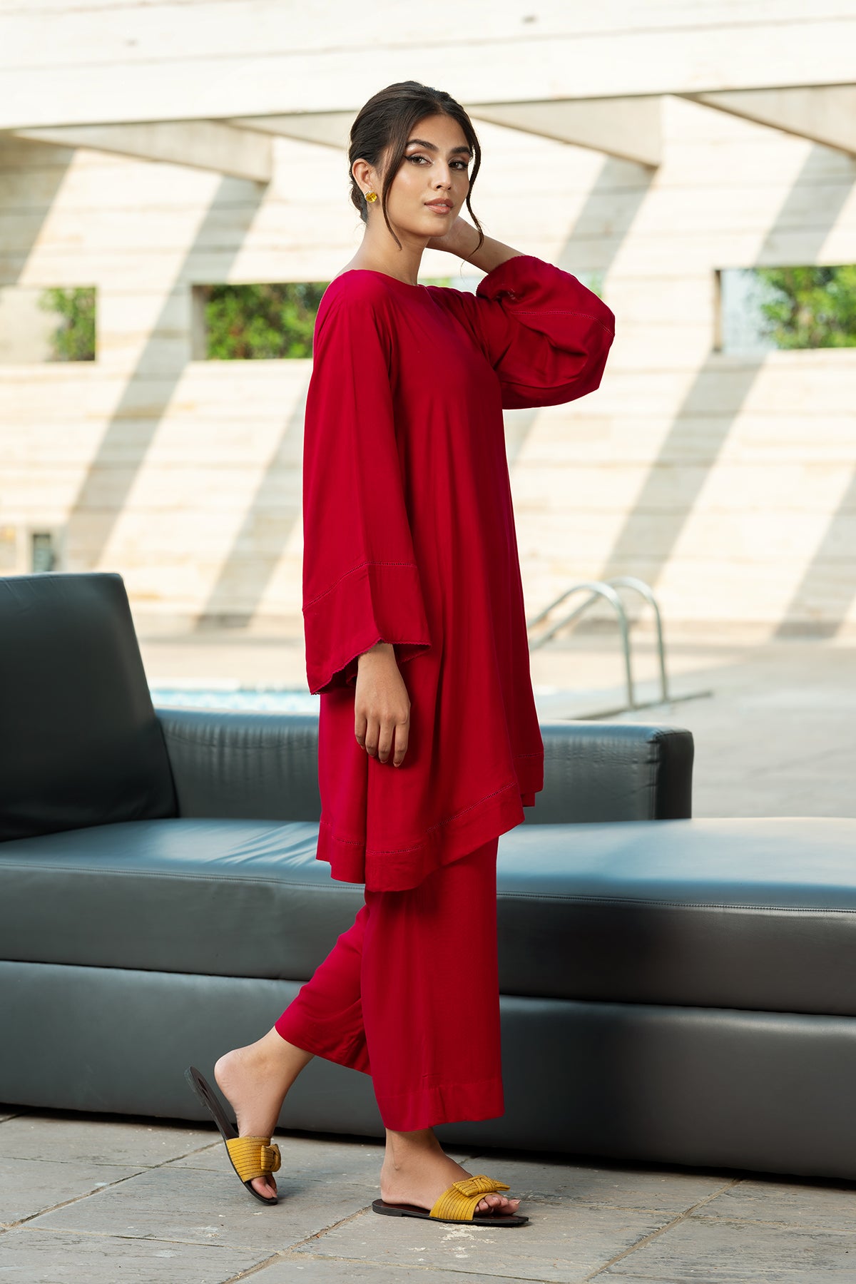 KLW22-10-Button Down Basic Shirt with Culottes 2PC